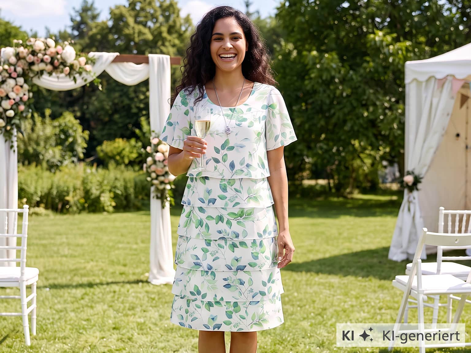 Ein Model mit lockigem Haar trägt ein weißes Kleid mit grünem Blattmuster, steht auf einer Wiese bei einer Hochzeit und hält ein Glas Sekt. Text auf weißem Hintergrund: 'KI KI-generiert'.