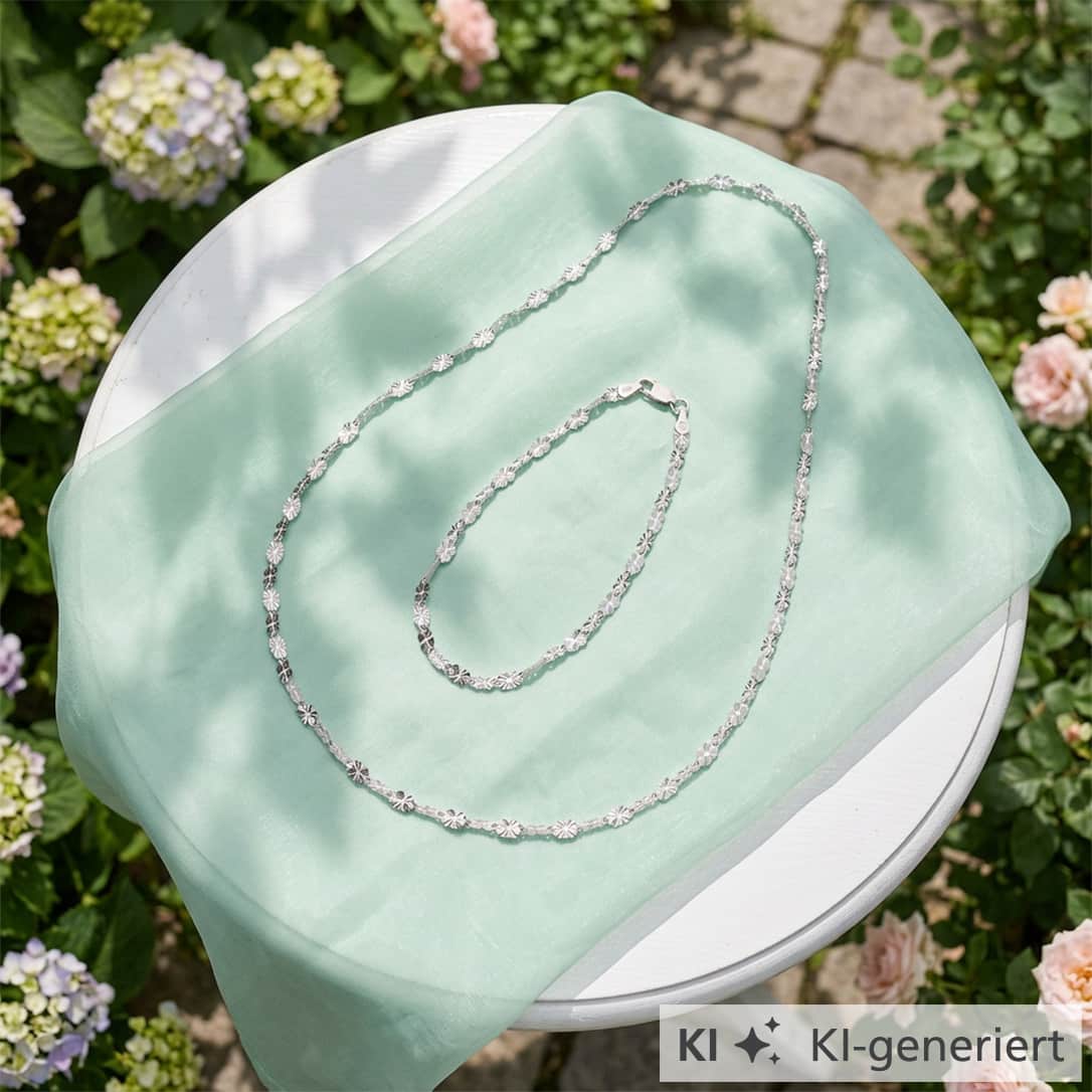 Eine silberne Halskette und ein Armband liegen auf einem hellgrünen Tuch auf einem weißen runden Tisch, umgeben von Blumen im Garten. Text auf weißem Hintergrund: 'KI KI-generiert'.