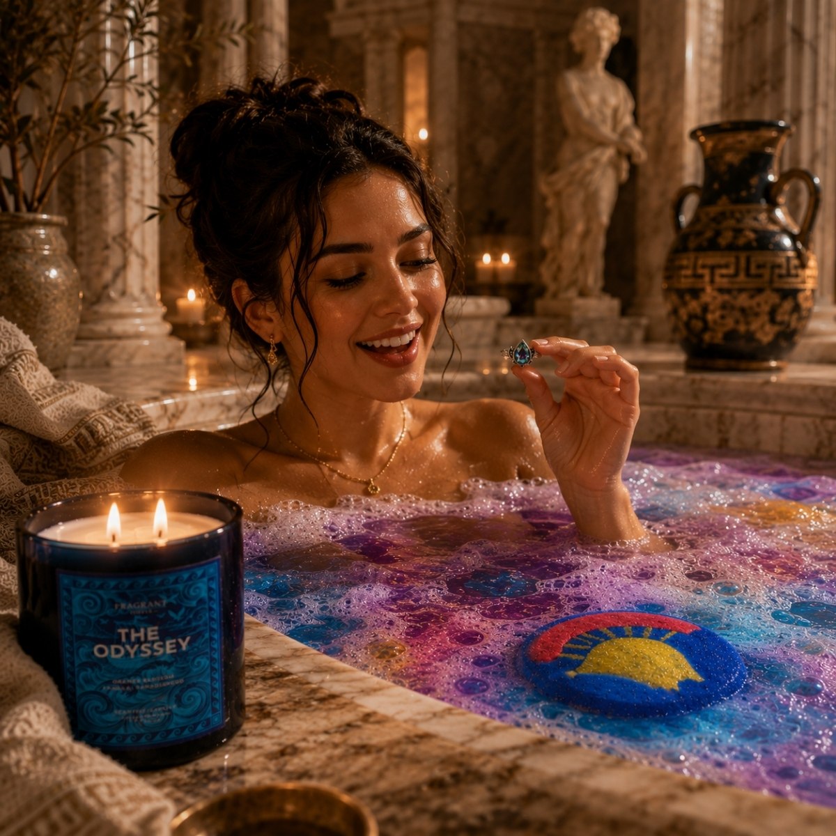 woman in bath with the Odyssey Bath Bomb fizzing and its candle next to her