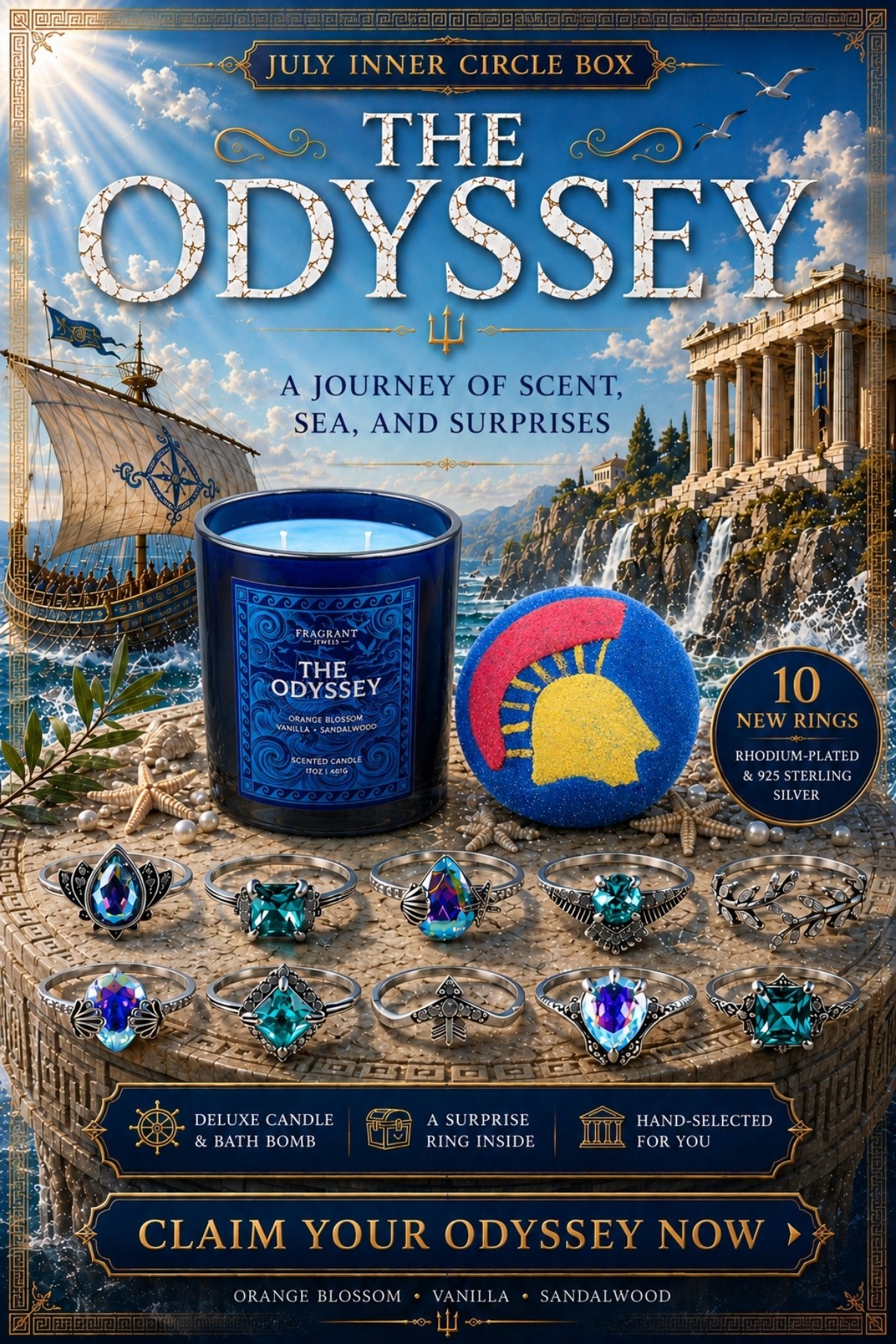 The Odyssey: July Inner Circle Box - 10 NEW Rings: Rhodium-Plated & 925 Sterling - Claim Your Odyssey Now (Orange Blossom, Vanilla, Sandalwood)