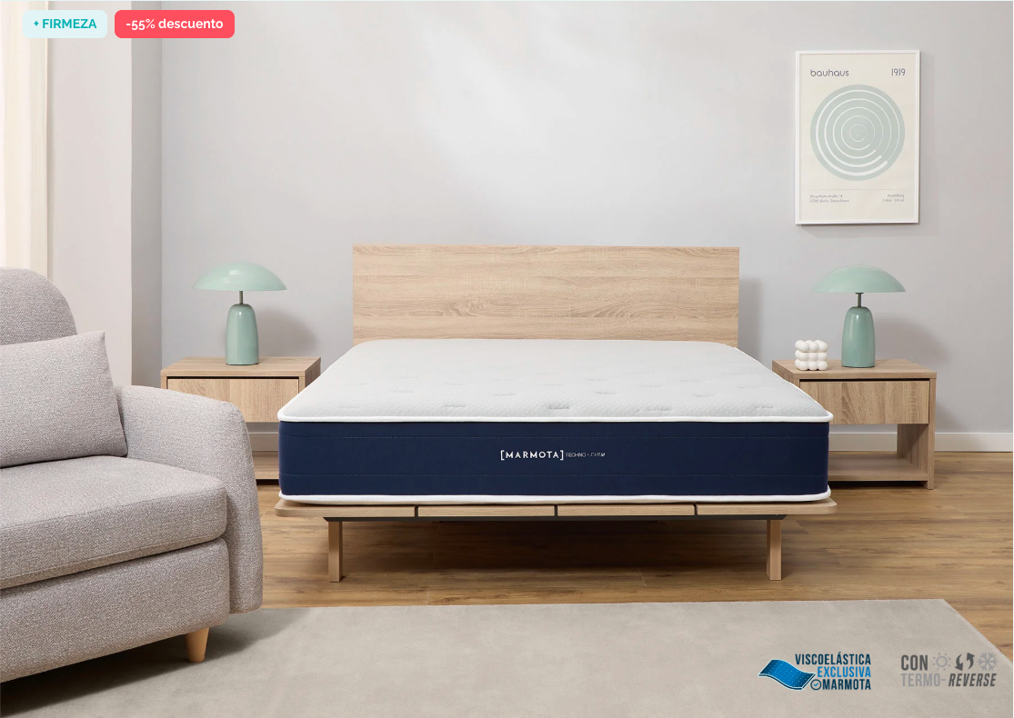 55% de DESCUENTO en el colchón con sistema Termo-Reverse HYBRID TECHNO • FIRM, el modelo premium diseñado para las 4 estaciones del año. Su innovador sistema Termo-Reverse de doble cara, con un lado confeccionado con un tejido técnico de máxima transpirabilidad especial para el verano que disipa el calor corporal, y otra cara adaptada para ofrecer confort térmico durante el invierno. El colchón Hybrid Techno • Firm de Marmota combina muelles ensacados y viscoelástica para un soporte firme y ergonómico. Aprovecha el 55% de DESCUENTO estas Rebajas de Verano.