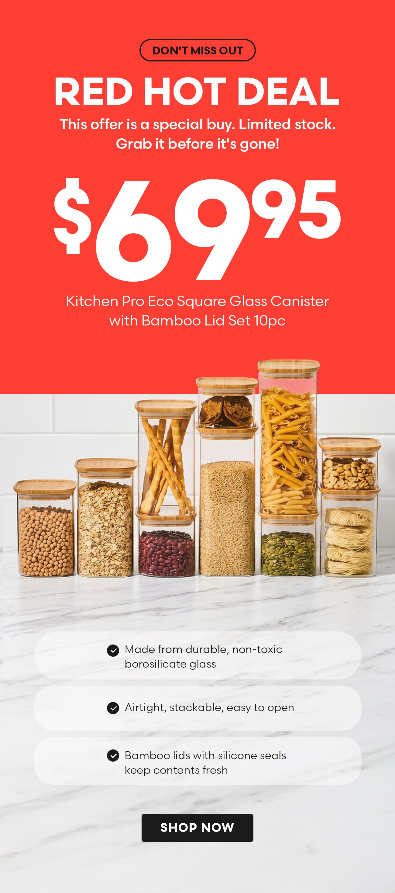Kitchen Pro Eco Square Glass Canister with Bamboo Lid Set 10pc