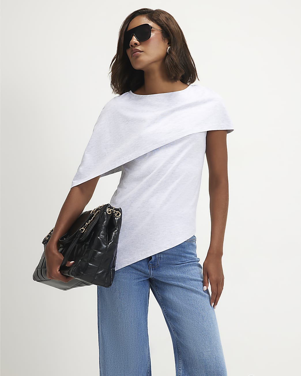 Womens Grey Asymmetric Cape T-Shirt