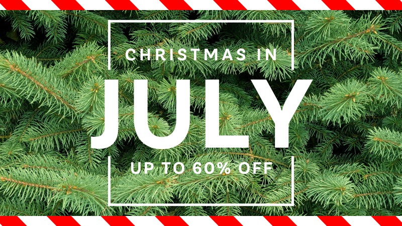 Christmas in July Sale up to 60% off banner with candy cane stripes in front of a evergreen tree background