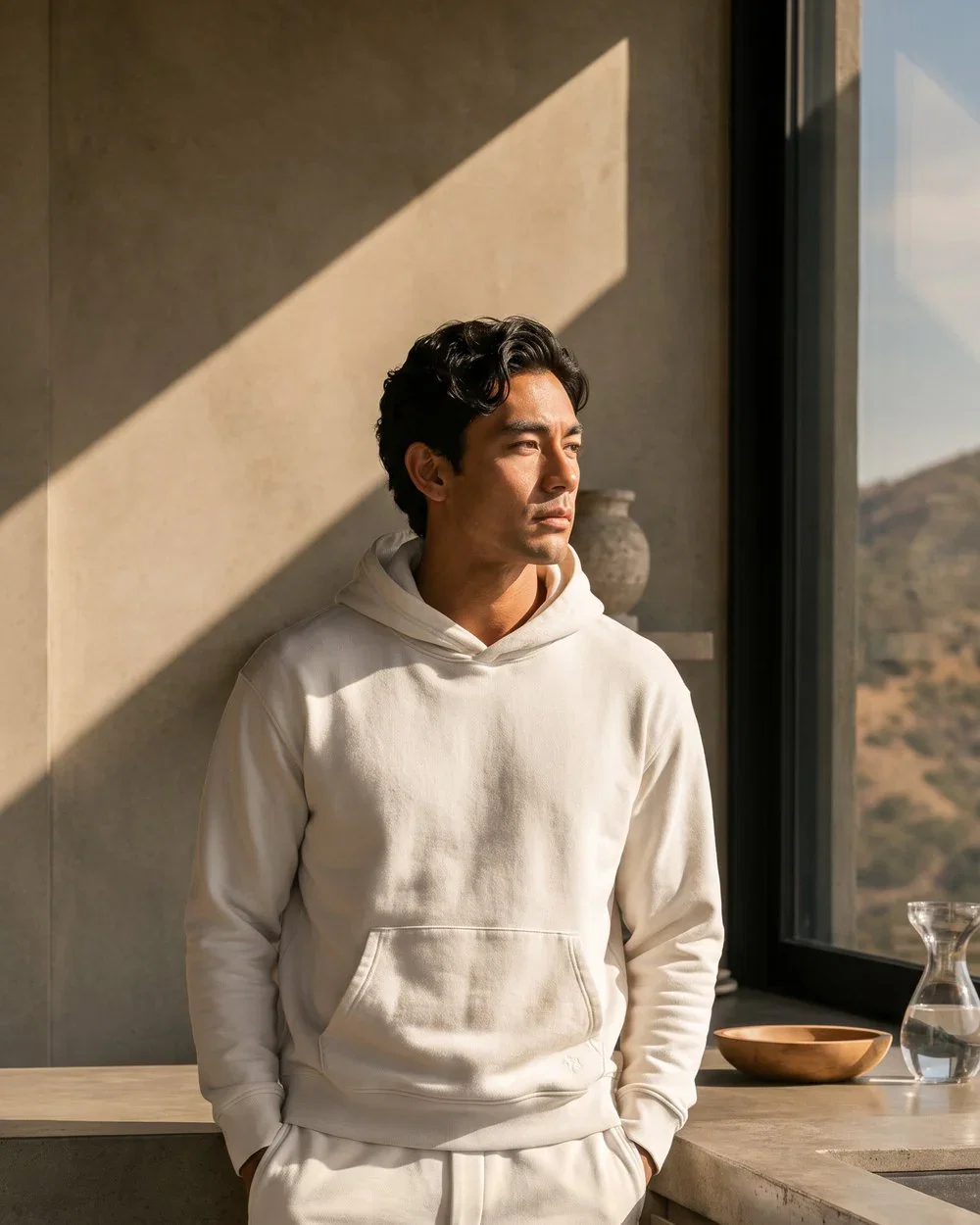 Terry Fleece Court Hoodie in Bone, on model