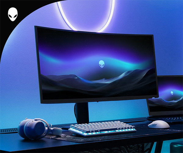 The Alienware Area 51 16 Gaming Laptop in a dark gaming setup and ecosystem featuring the AW Pro Mouse, AW Pro Keyboard, AW Pro Headset, and aw3425dqw