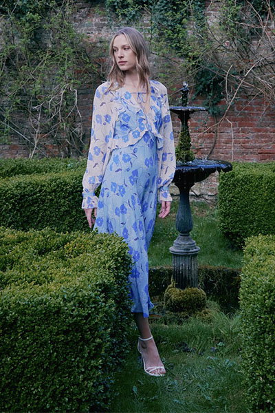 Naomi Floral Long Sleeve Frill Midi Dress