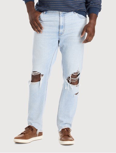 Destructed Dual Denim Tapered-Fit Jeans