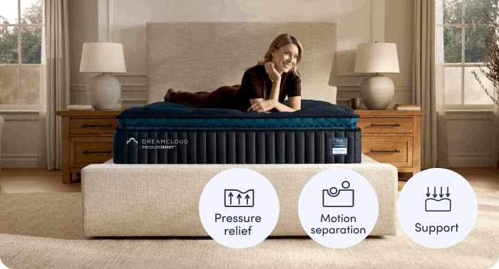 Shop the Dreamcloud Pressuresmart and save up to $650 on select mattresses + free adjustable base.