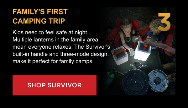 3. Family's First Camping Trip Kids need to feel safe at night. Multiple lanterns in the family area mean everyone relaxes. The Survivor's built-in handle and three-mode design make it perfect for family camps. [ SHOP SURVIVOR ]