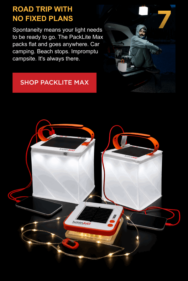 7. Road Trip with No Fixed Plans Spontaneity means your light needs to be ready to go. The PackLite Max packs flat and goes anywhere. Car camping. Beach stops. Impromptu campsite. It's always there.  [ SHOP PACKLITE MAX ]