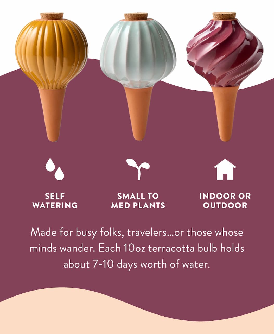 Self Watering For Indoor or Outdoor Use: Made for busy folks, travelers…or those whose minds wander. Each 10oz terracotta bulb holds about 7-10 days worth of water.