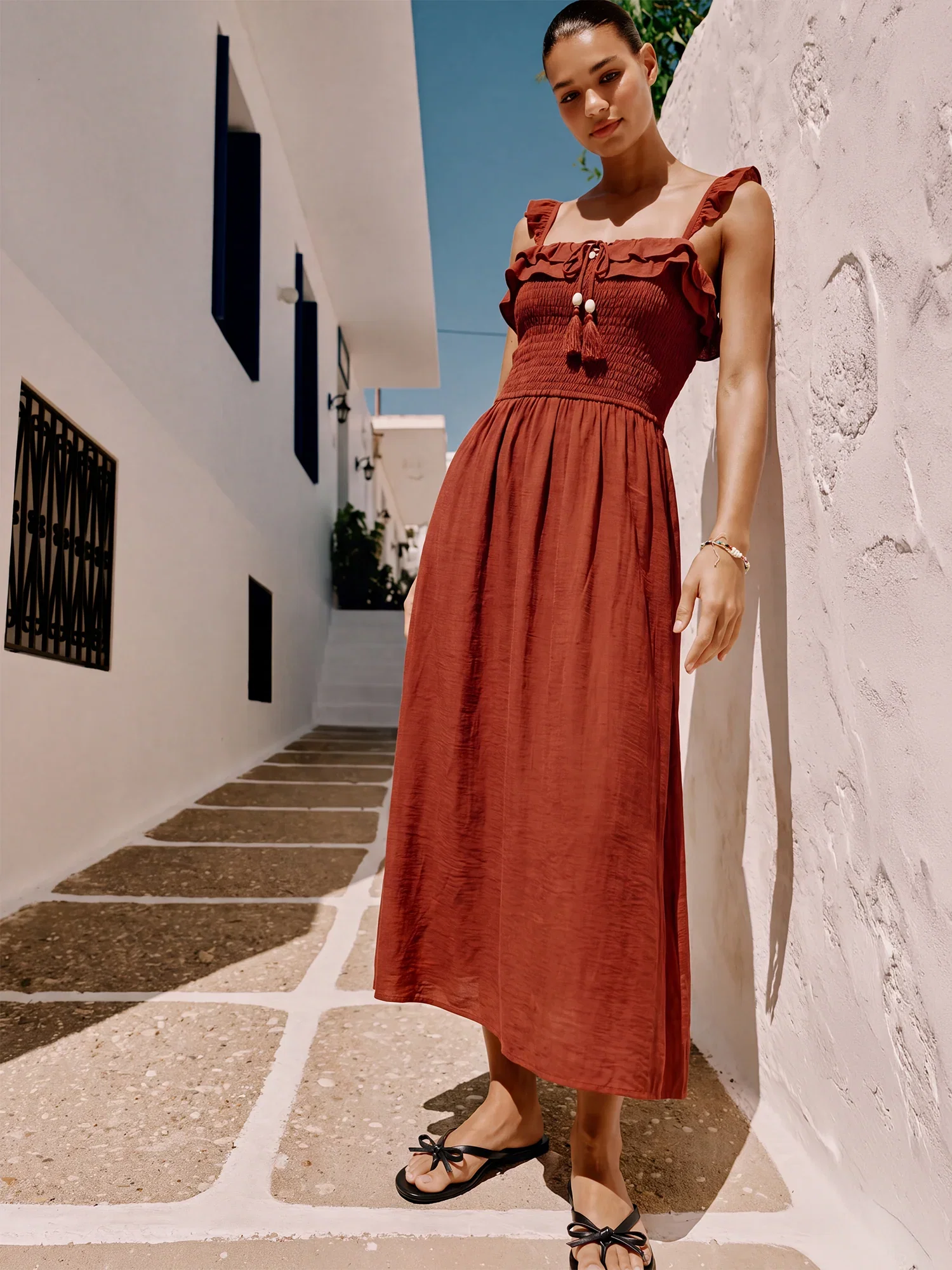 Image of Sleeveless Smocked Tassle Maxi Sun Dress