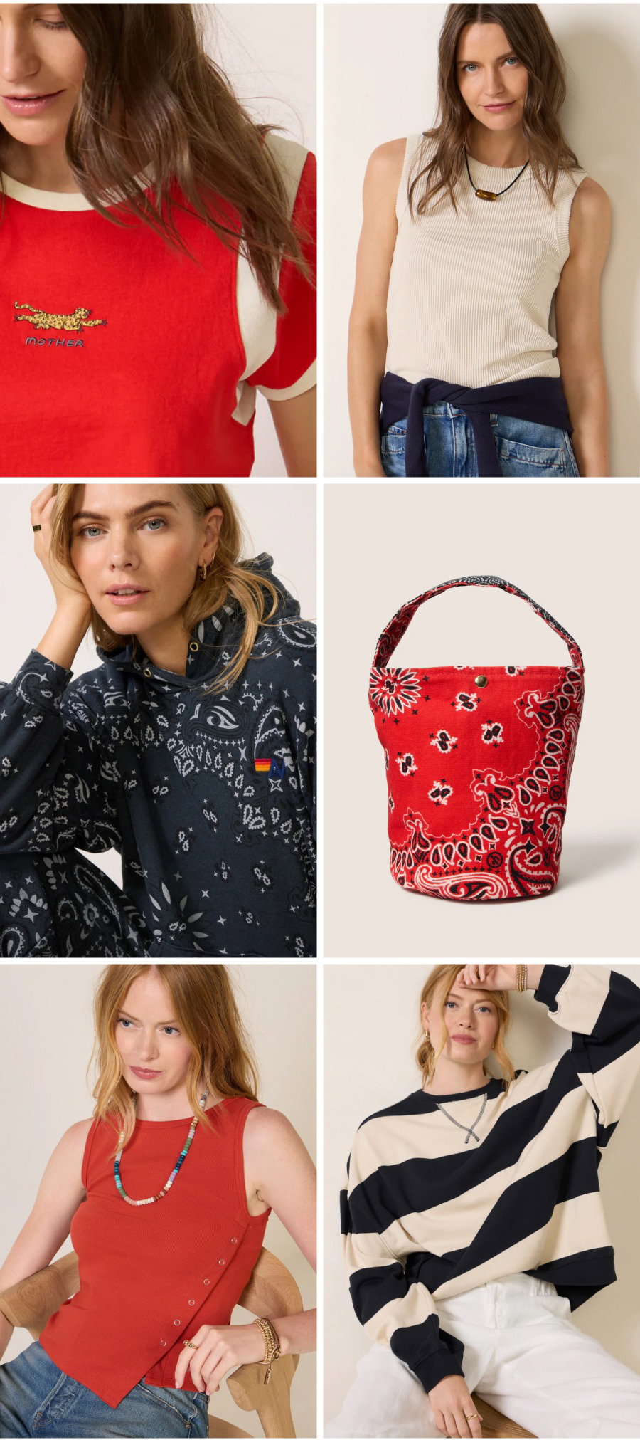 Grid of 6 images of new looks in stripes, patterns, and tanks from EVEREVE.