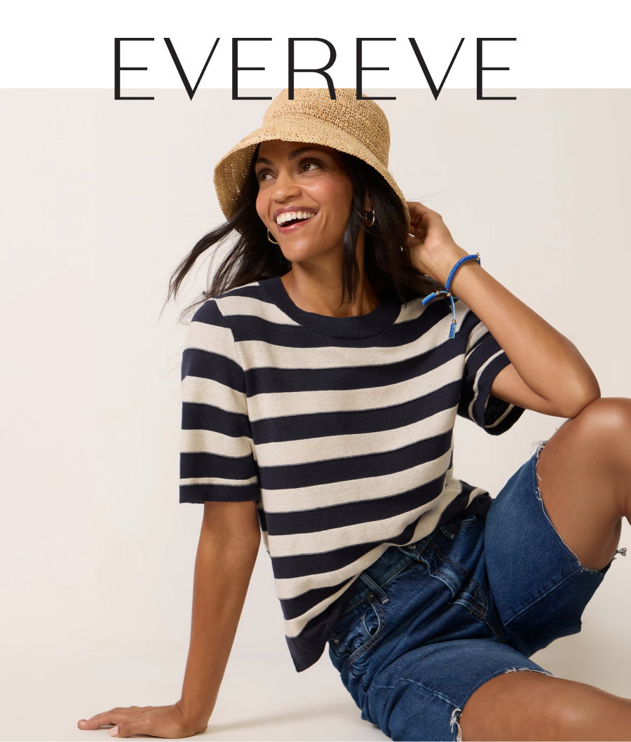 EVEREVE Logo. Image of happy model in striped top and cut-off denim shorts from EVEREVE.