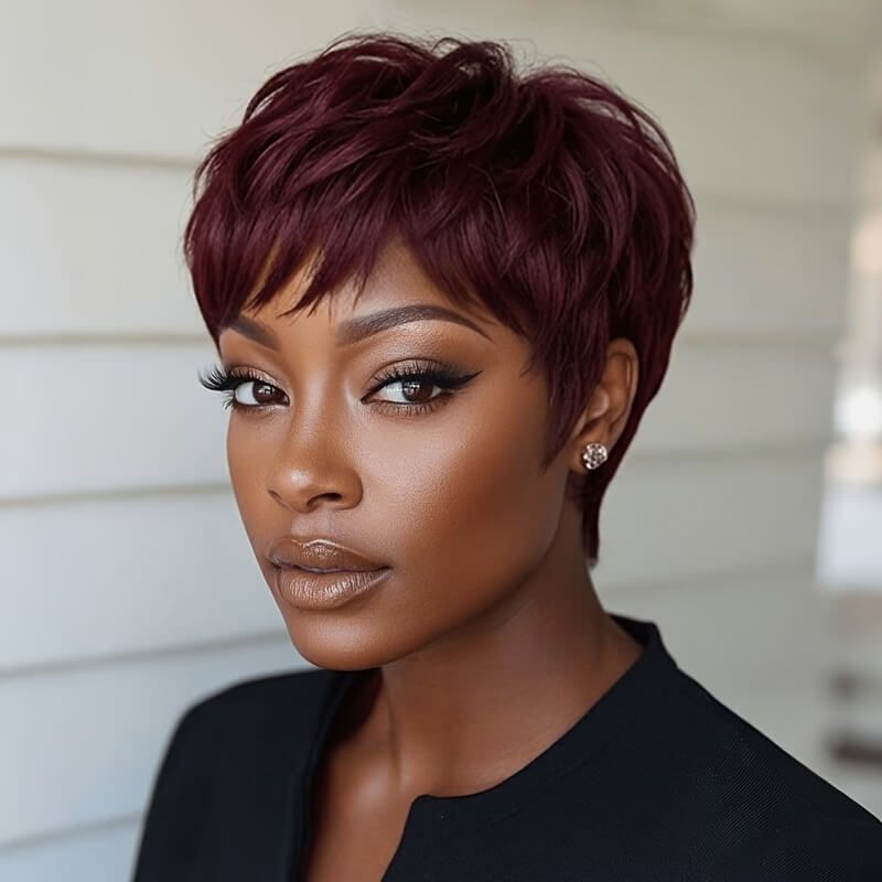 Glueless Machine Made Short Pixie Cut Human Hair Wigs With Bangs Beginner Friendly Wig