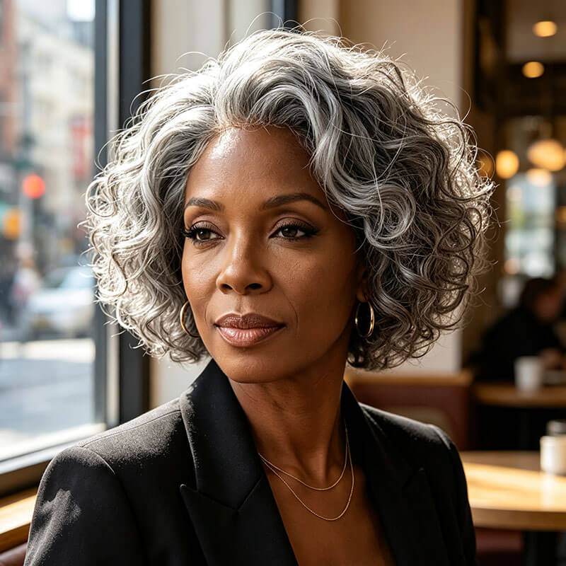 Natural Salt And Pepper Gray Loose Curly Short Bob Wig Side Part Glueless Human Hair Wigs