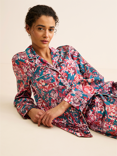 Women's Silk Pyjamas in Multi Teal London Garden