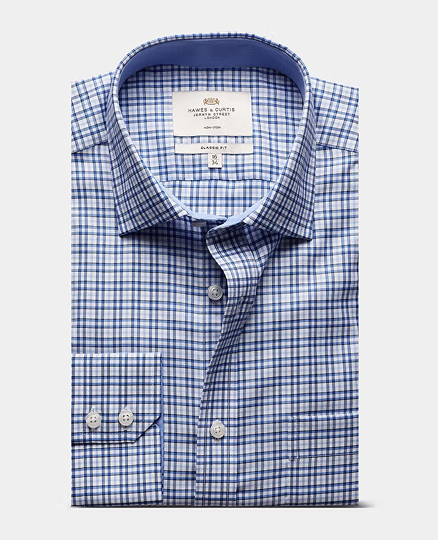 Classic Fit Blue & White Check Non-Iron Shirt - Contrast Detail - Chest Pocket