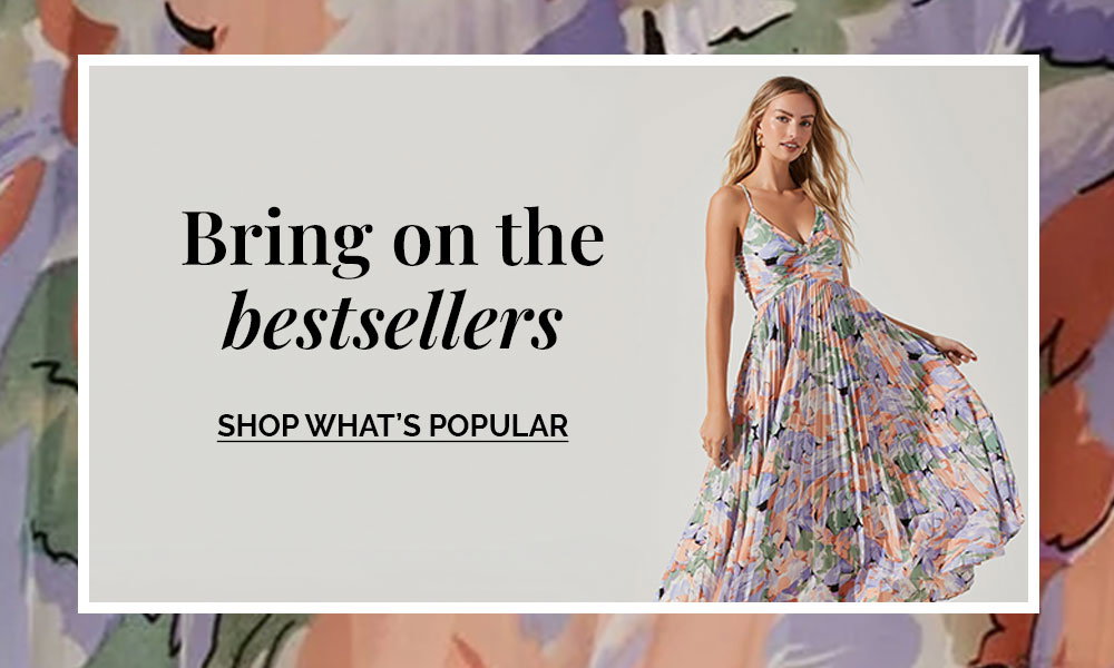 Text overlay "Bring on the bestsellers. Shop wha's popular" on image