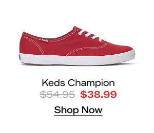 A side view of the Original Keds Champion Lace-Up in red. The style was $54.95 and is on sale for $38.99. Shop Now.