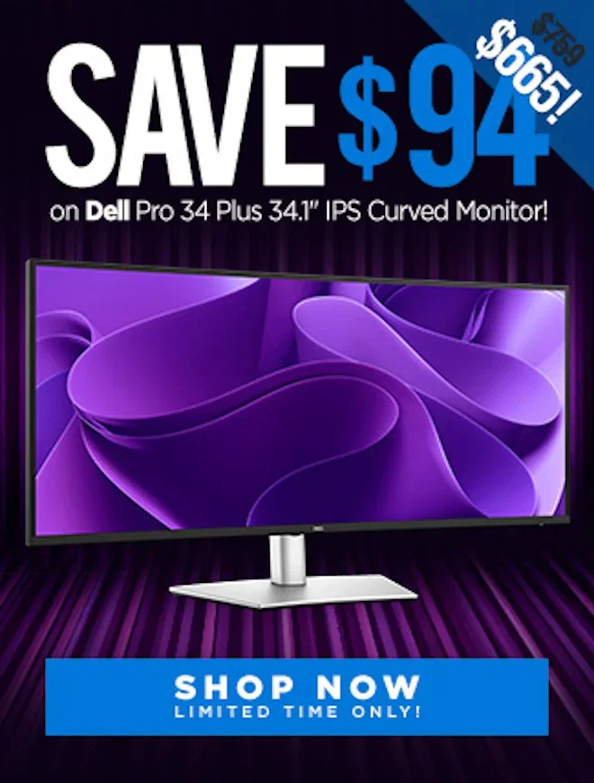 SAVE Dell Pro 34 Plus 34.1" 100Hz WQHD IPS Curved Monitor!