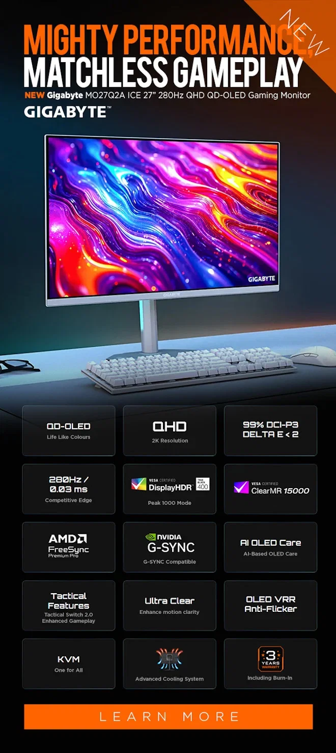 NEW Gigabyte MO27Q2A ICE 27inch 280Hz QHD QD-OLED Gaming Monitor