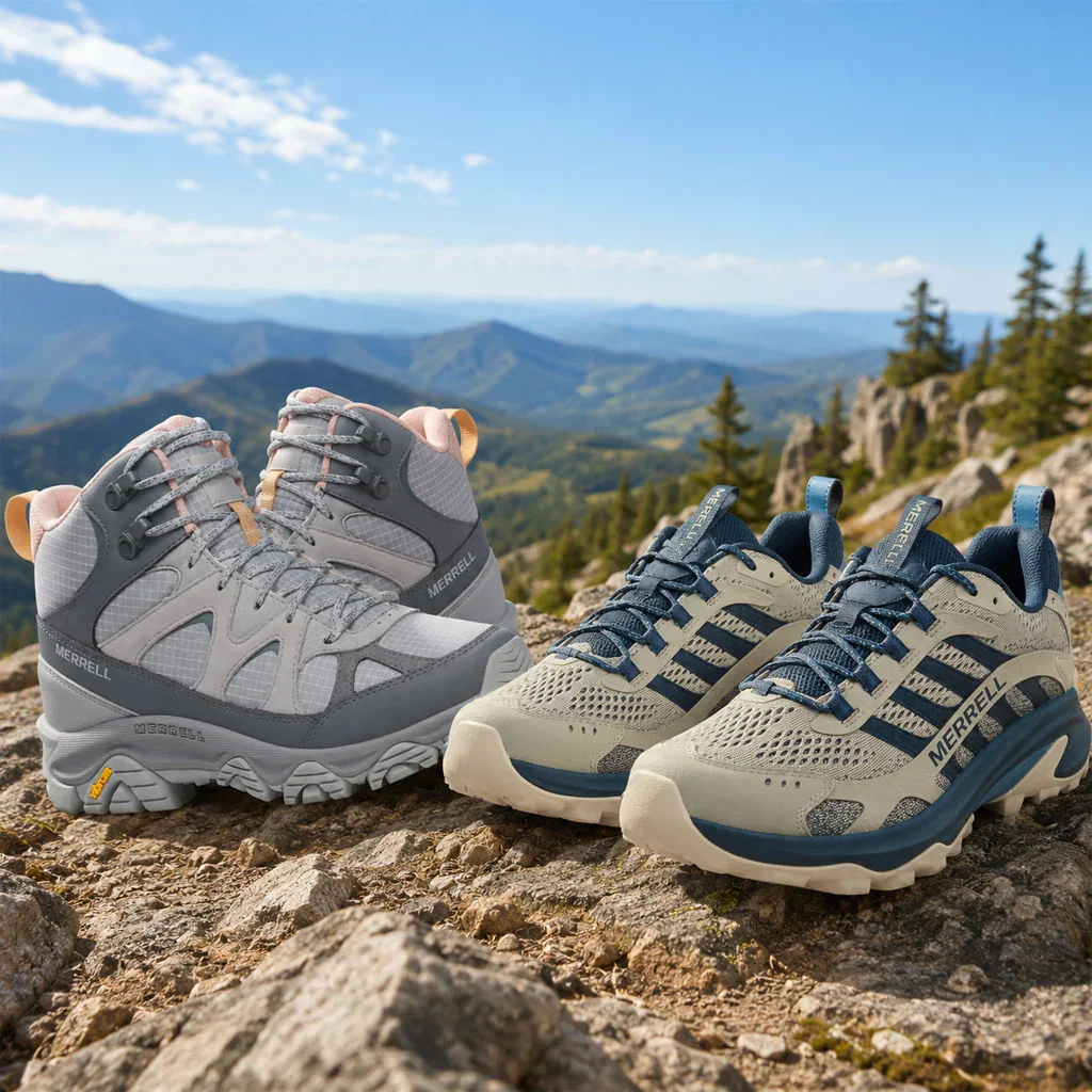 Merrell hiking boots displayed on a mountain overlook with scenic valley and forest views below