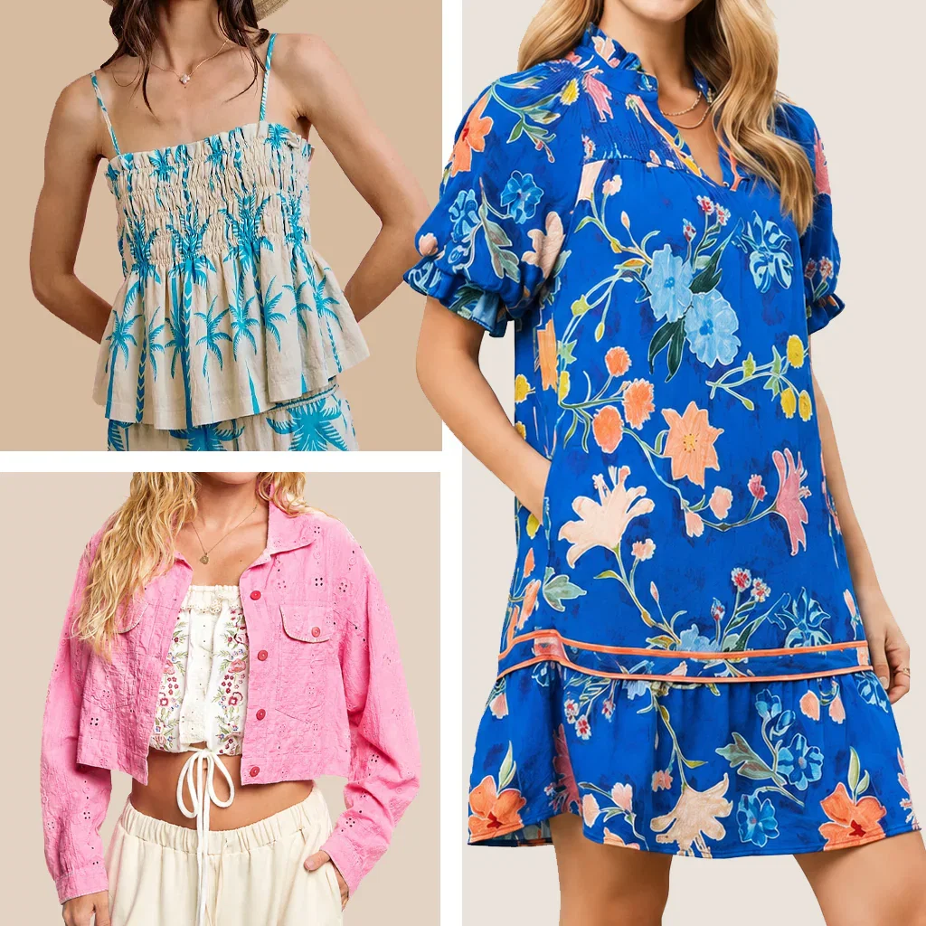 DBLCK floral collection featuring a turquoise smocked tank top, blue floral shirt dress, and pink eyelet jacket with cream pants.