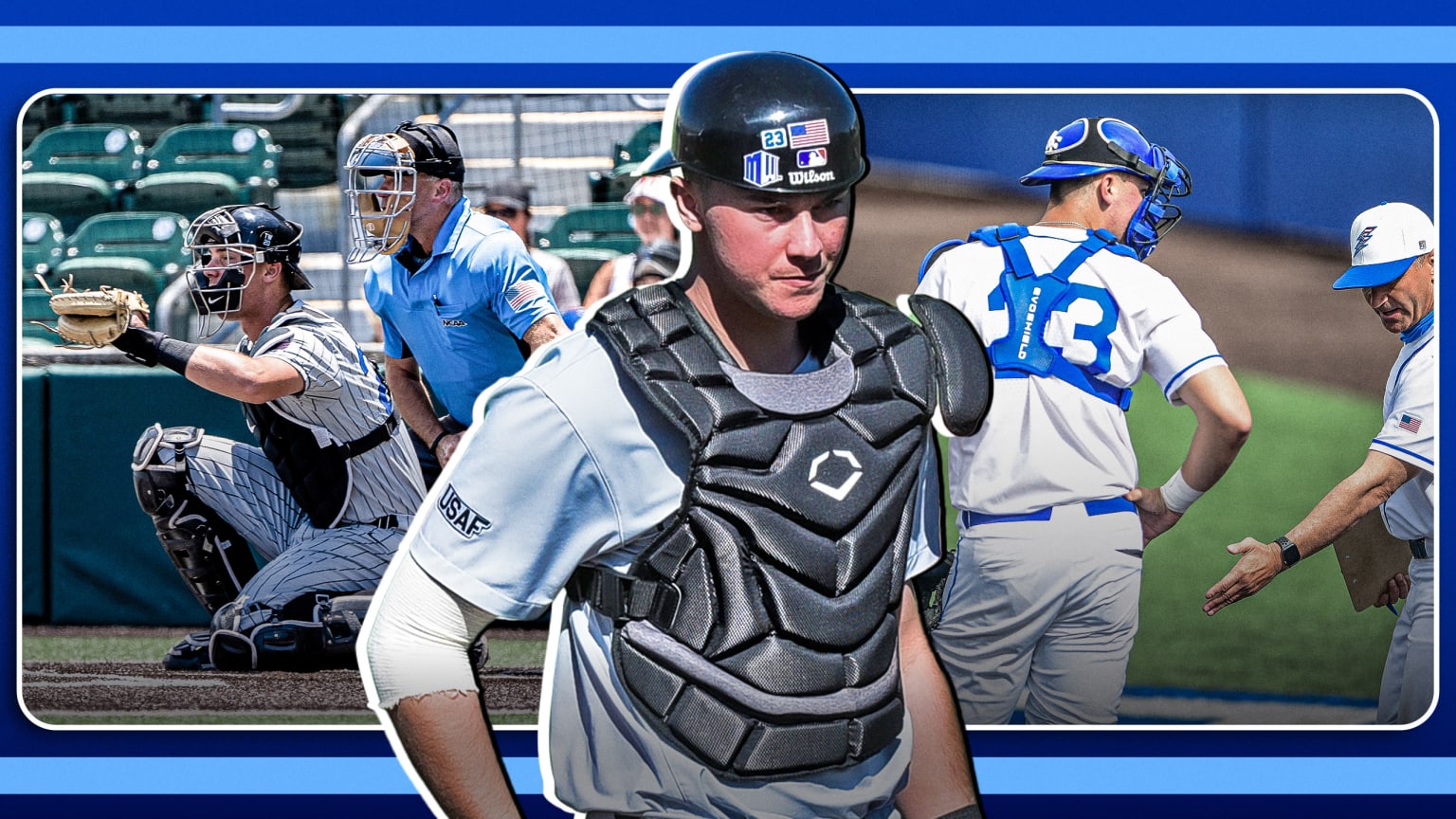 A collage of images of Paul Skenes catching at Air Force