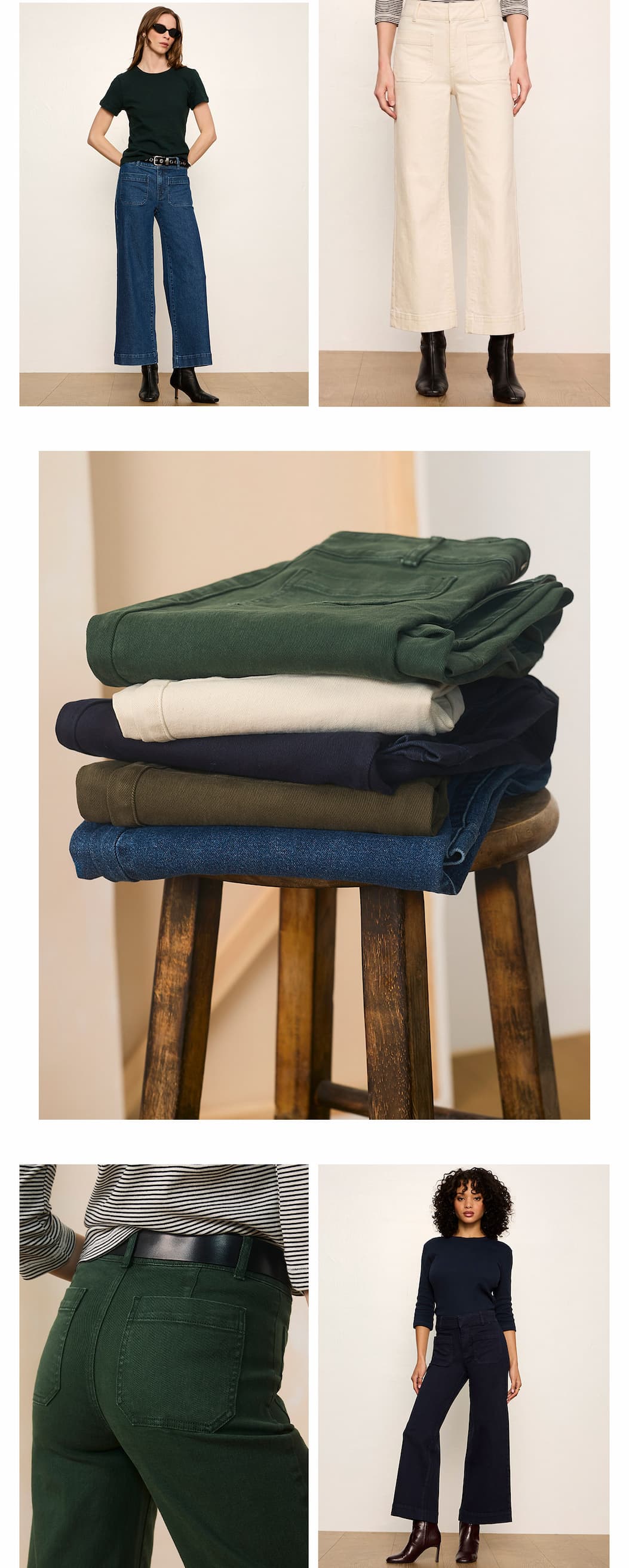 chelsea pant in 4 colors: green, blue, denim, and cream