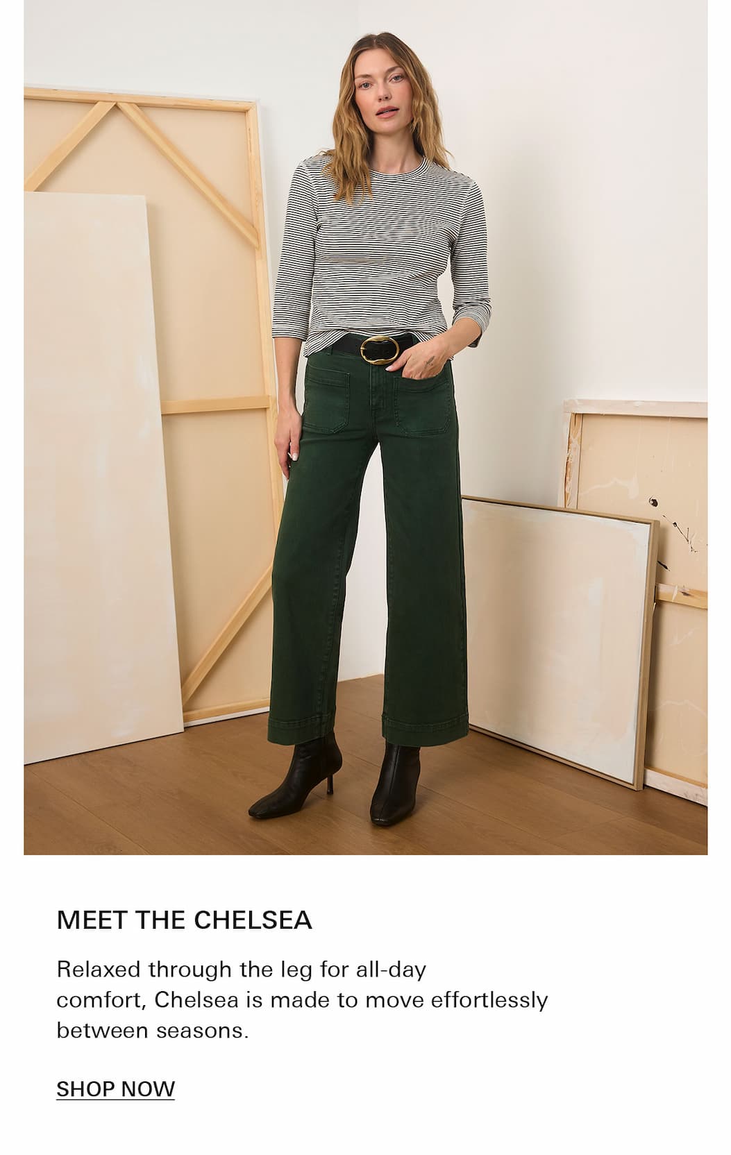 our new favorite pant in green with stripe shirt