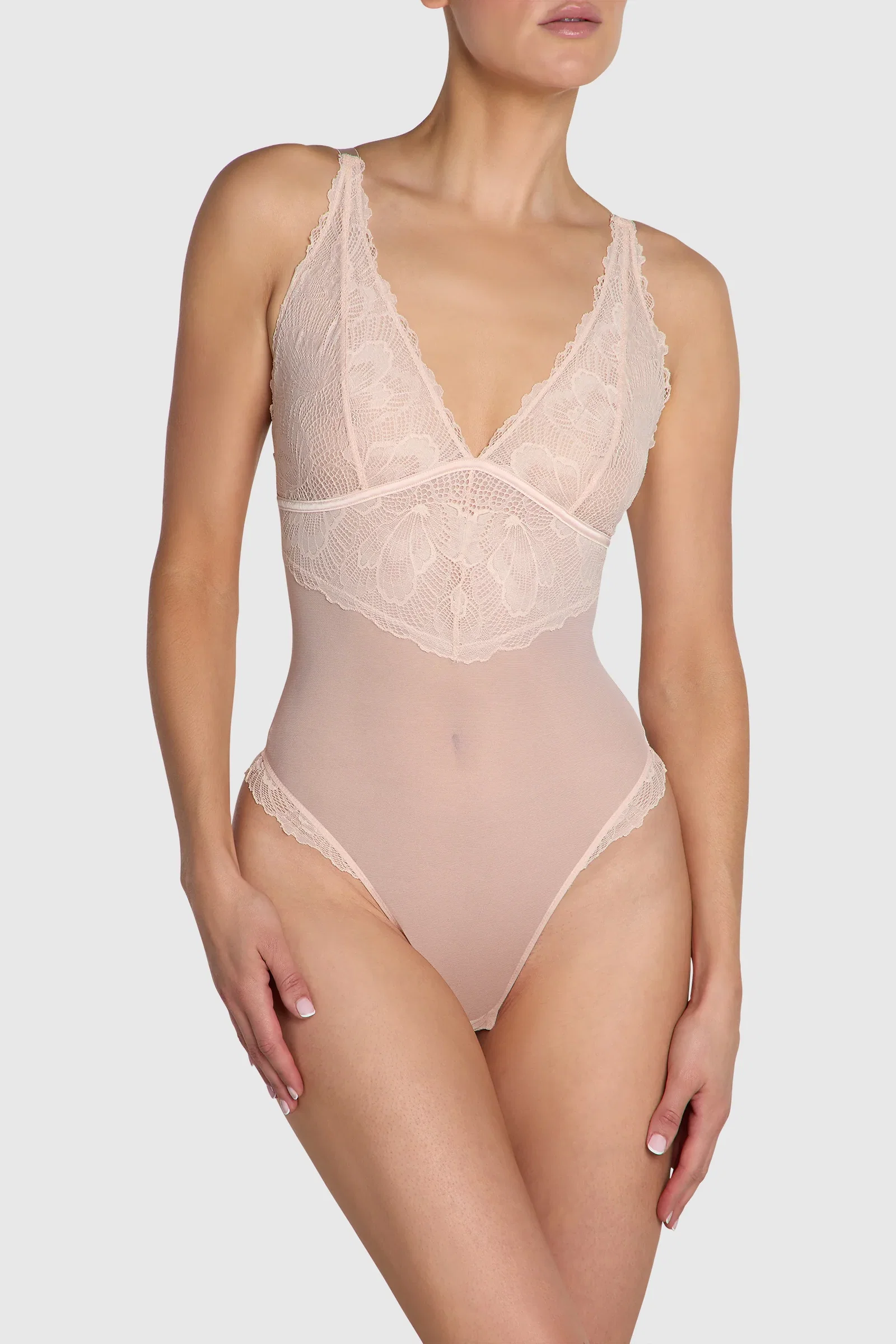 The Dahlia High Apex Lace Bodysuit Shell Pink