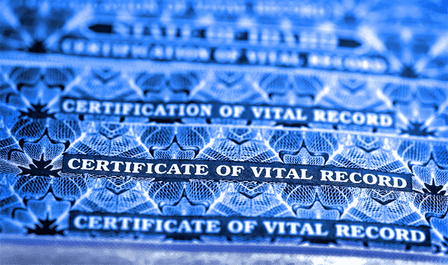 Close-up of multiple "Certificate of Vital Record" documents with a blue patterned background.