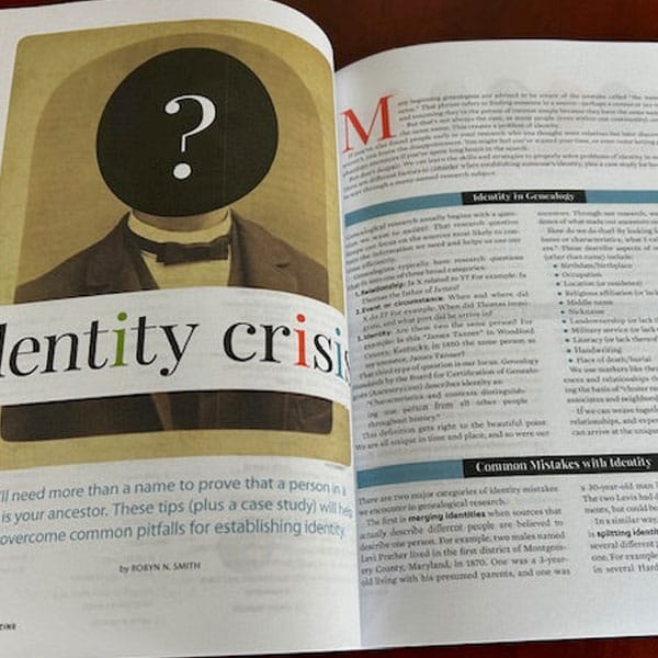 A magazine article titled "Identity Crisis" featuring a faceless portrait with a question mark, discussing challenges in genealogical research and identity verification.