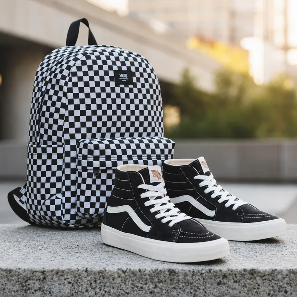 Vans checkerboard backpack paired with black and white high-top sneakers on concrete surface.
