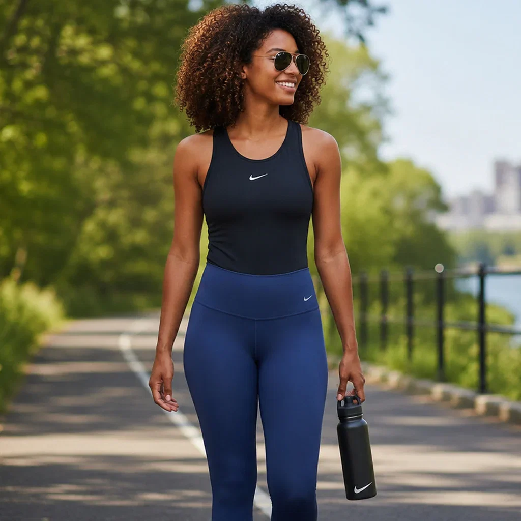 Woman in black Nike sports tank top and navy leggings holding water bottle on a sunny park path.