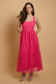 Premium Square Neck Lace Midi Dress
