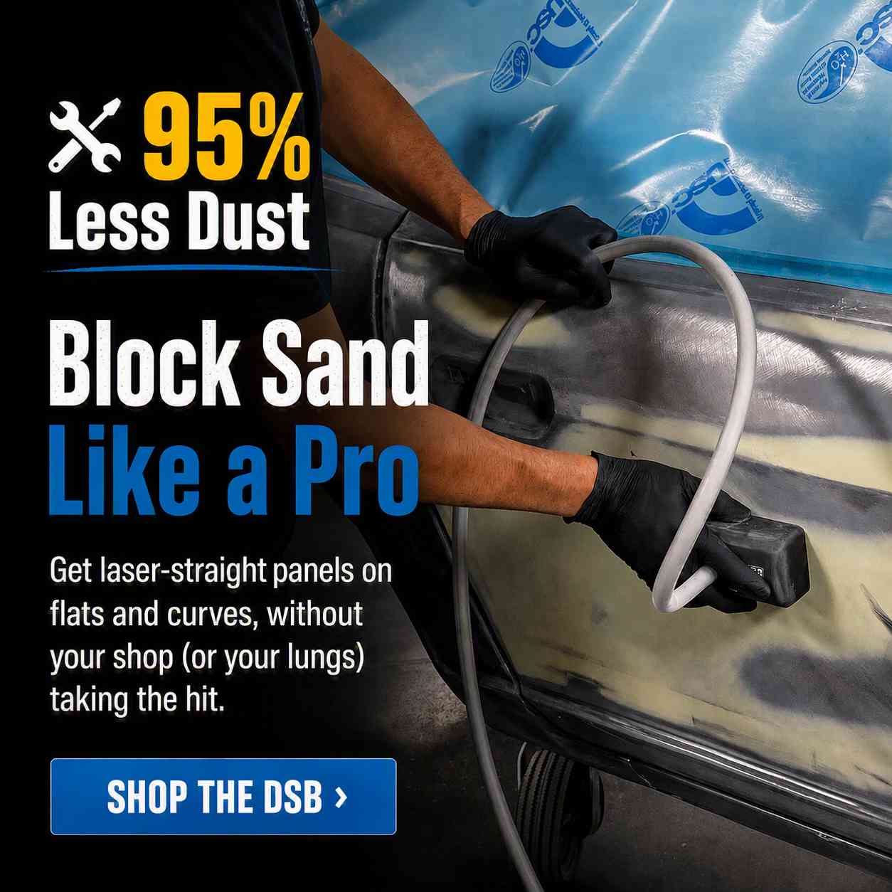 Eastwood Dustless Sanding Block delivers 95% less dust while block sanding, helping create laser-straight panels on flat and curved surfaces.