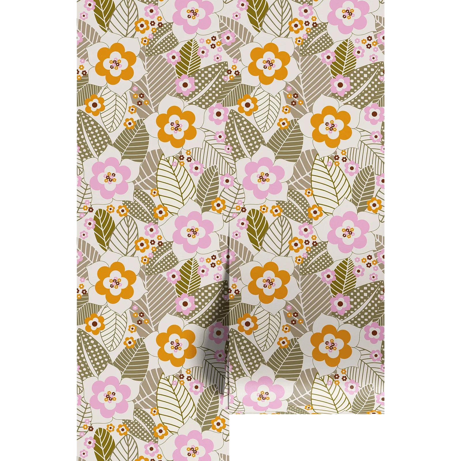 Image of Pink Orange and Green Floral and Leaf Line Drawing Pattern