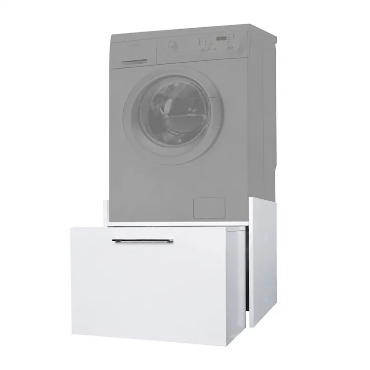 Front-loading washing machine mounted on white storage pedestal drawer with handle — space-saving laundry solution