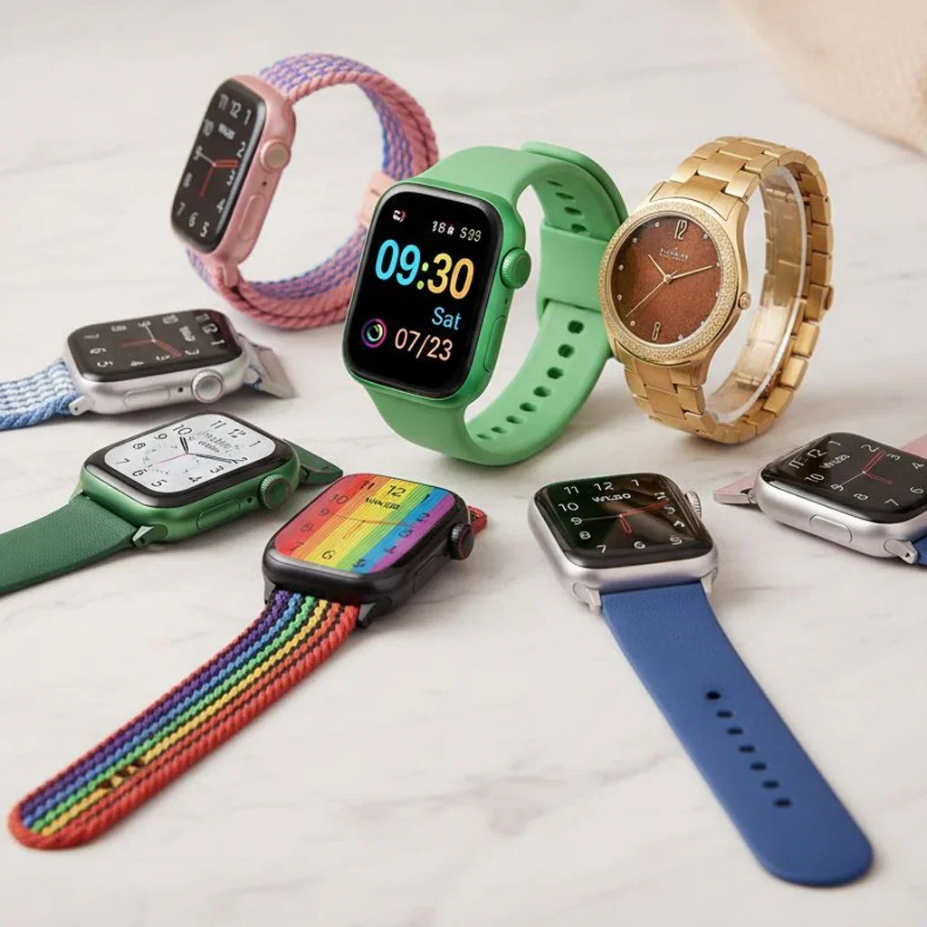 Collection of seven smartwatches and traditional watches in various colors and styles displayed on white marble surface.