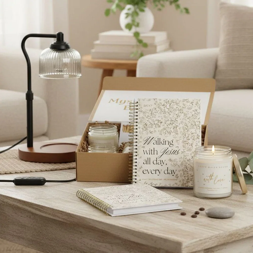 Stylish home decor display featuring inspirational journals, candles, and a modern desk lamp on a wooden surface.