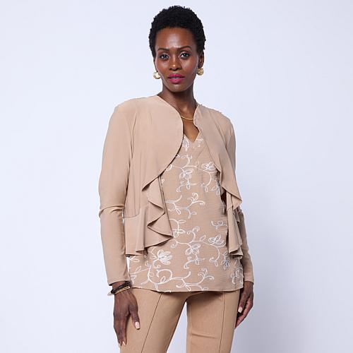 Nina Leonard Ruffled Edge Bolero with Sequin Mesh Knit Back Panel