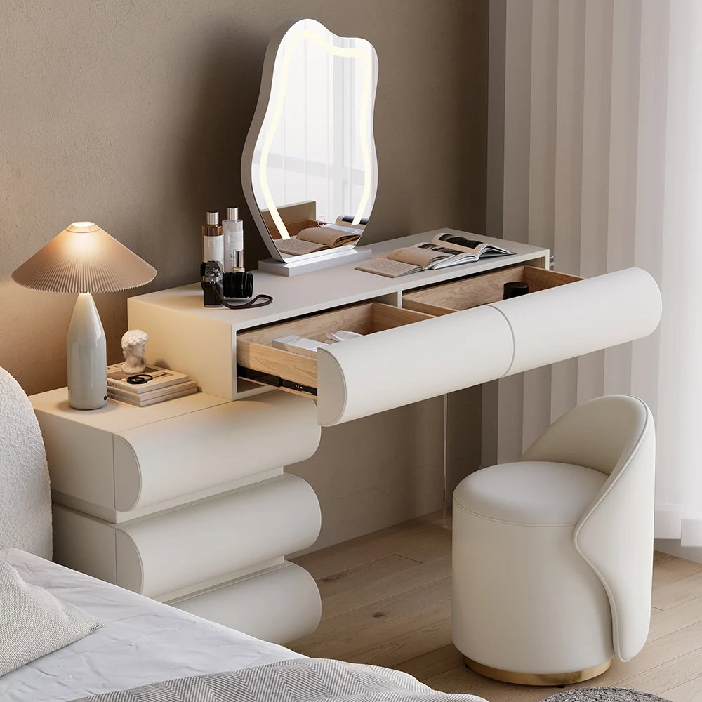 Humply White Leather Makeup Vanity Set with Mirror