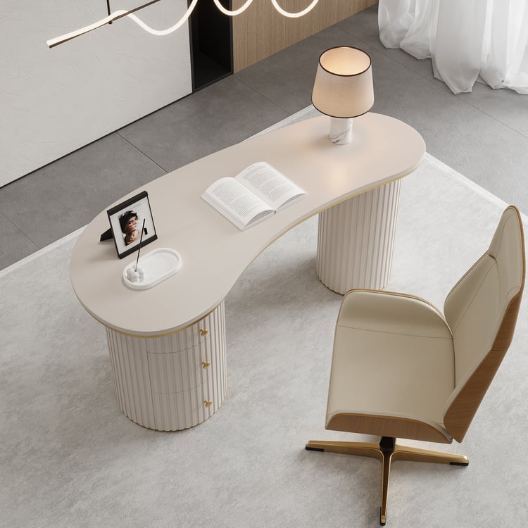 Modern 55" Curved Warm White Wood Desk 3 Drawers & Fluted Double Pedestal Base