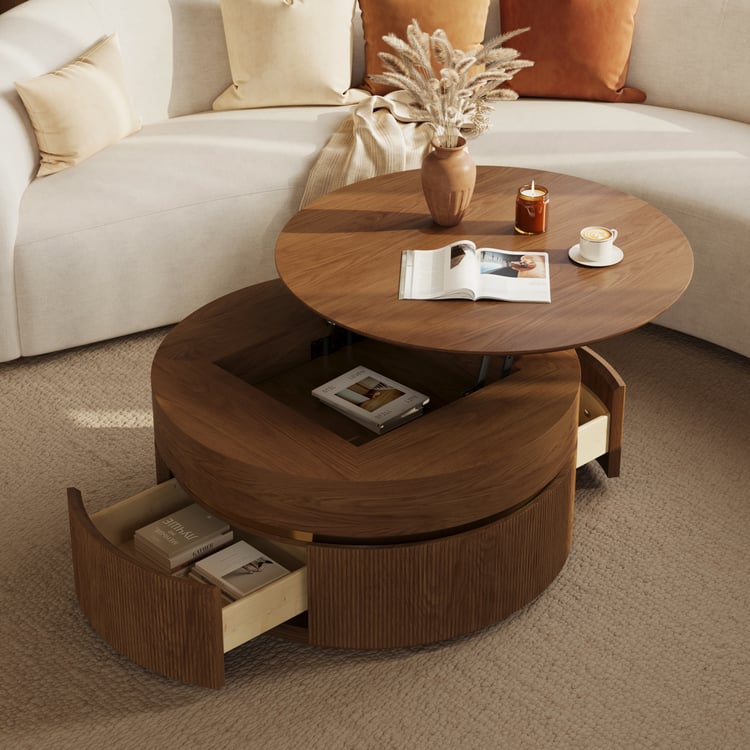 32" Fluted Lift-Top Round Walnut Coffee Table with 2 Drawers