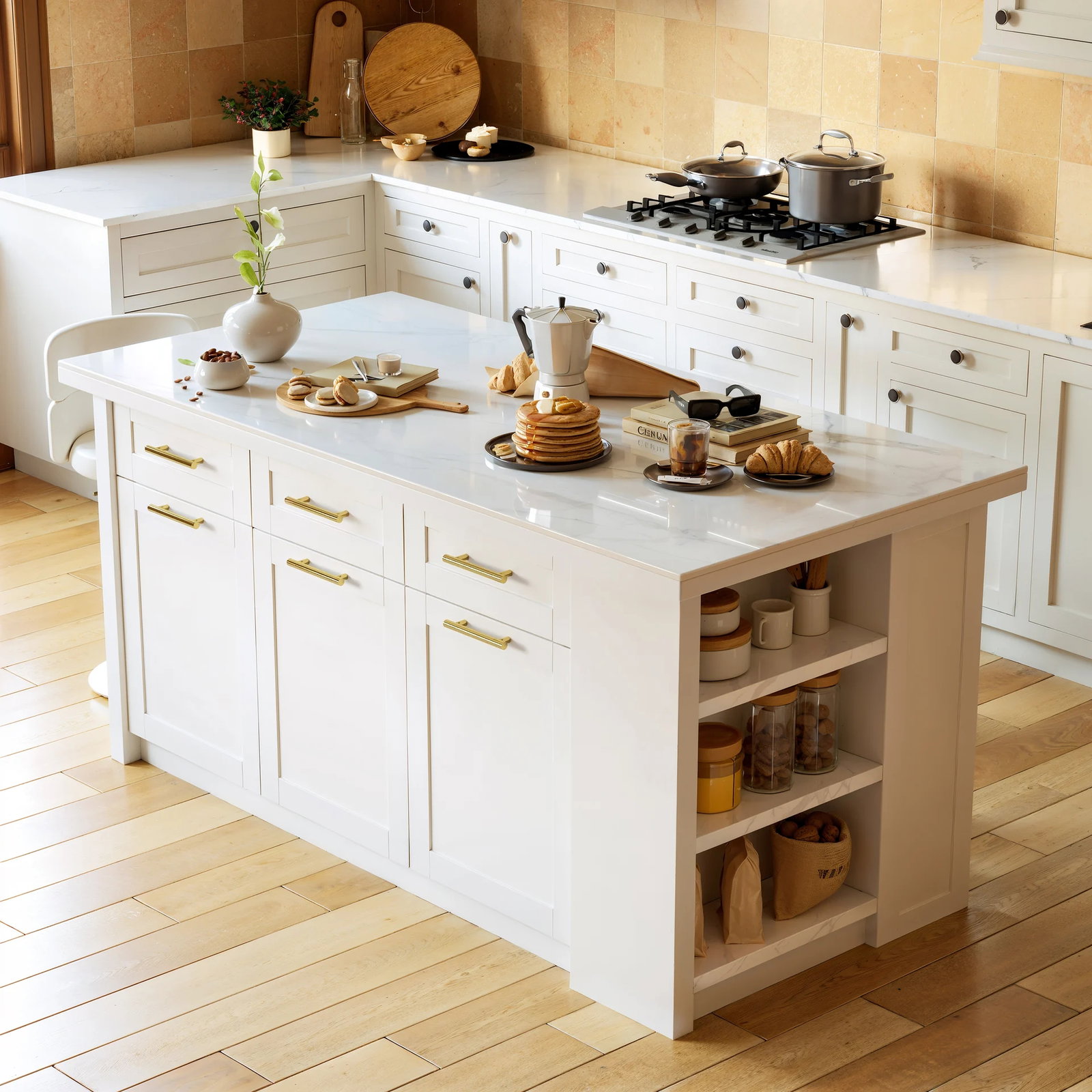 70.9" Modern Style Sintered Stone Kitchen Islands with Multi-Storage White