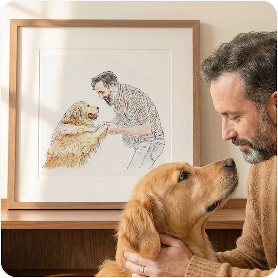 A man sitting with his dog looking at a framed watercolour pet portrait