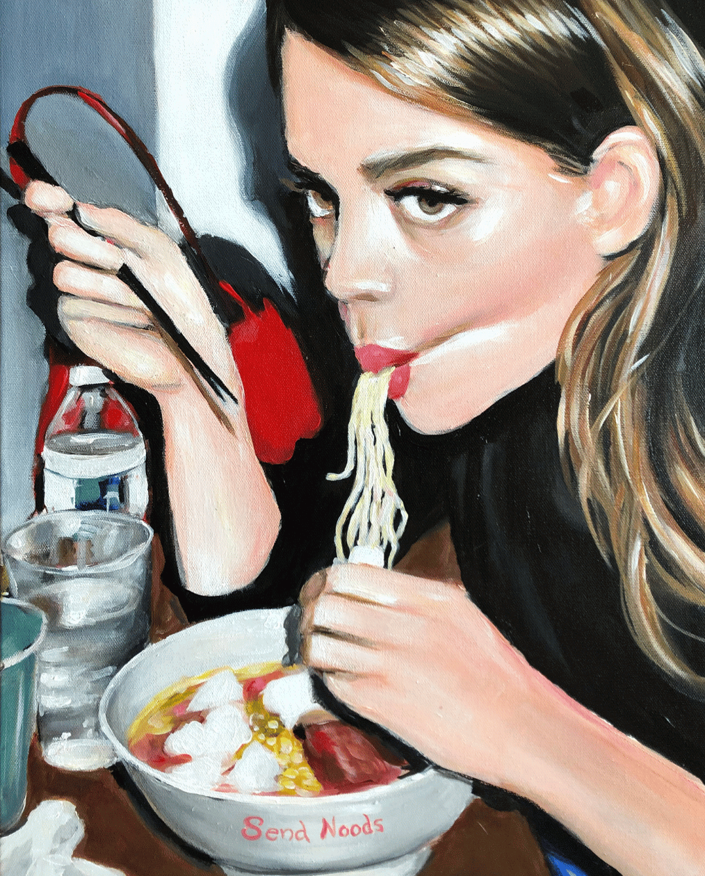 Painting woman eating noodles